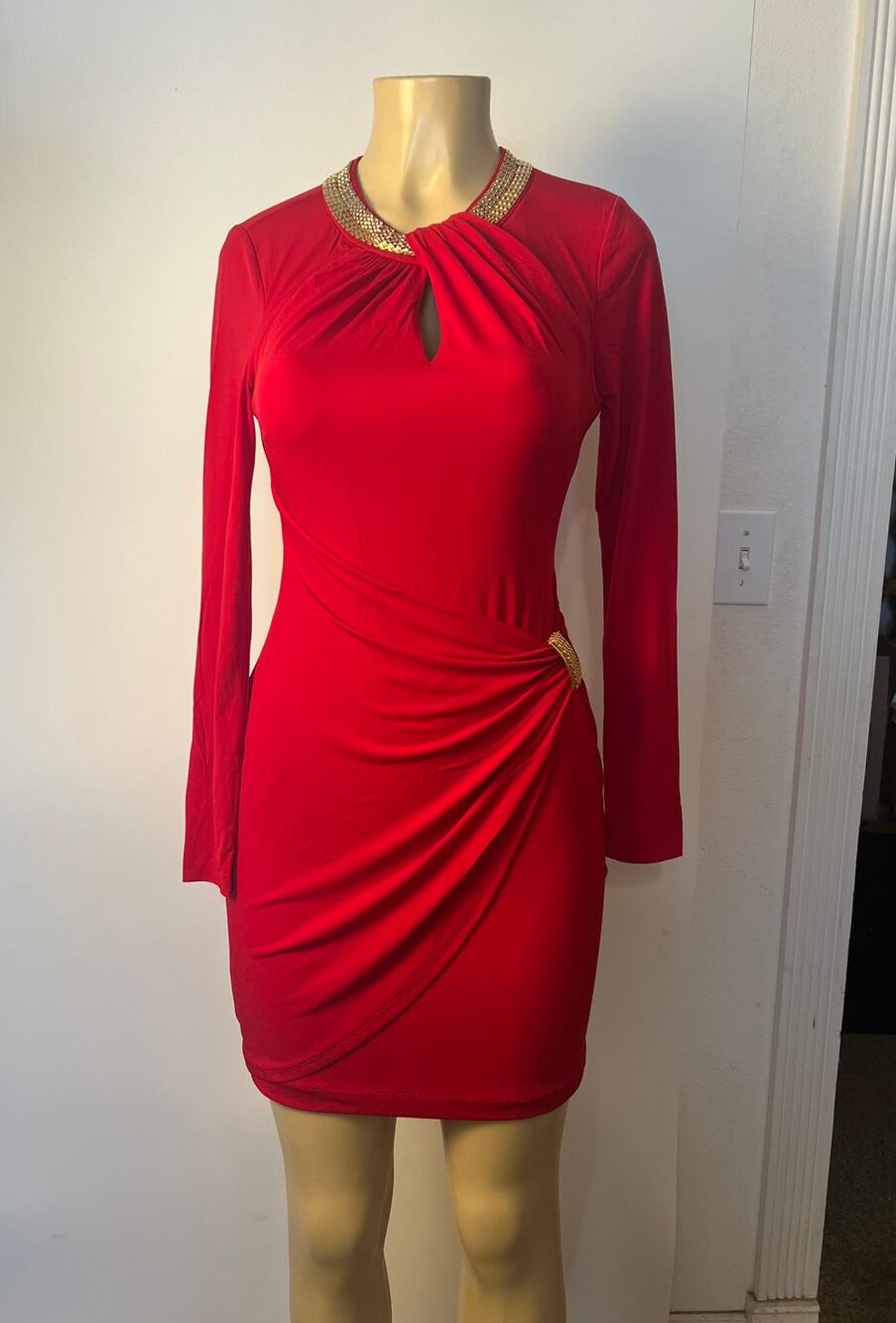Cache Red Twist Dress with gold accents Size S
